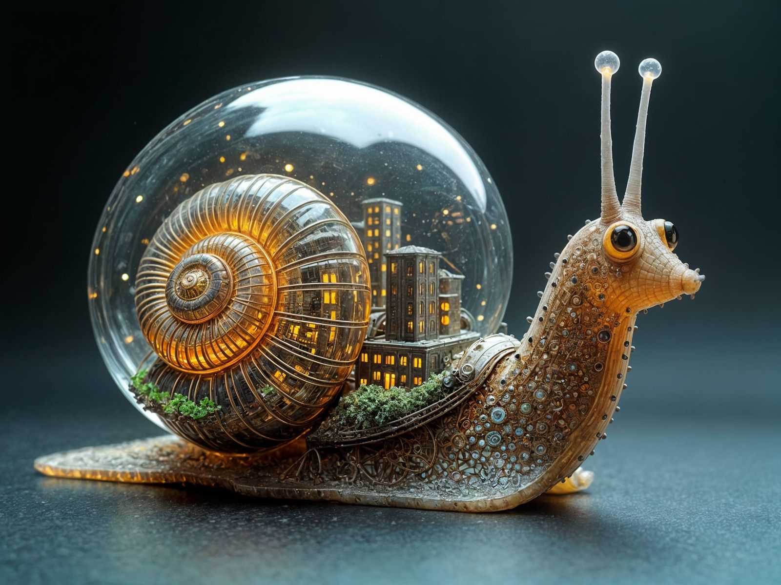 Steampunk Snail with Miniature City Aquarium