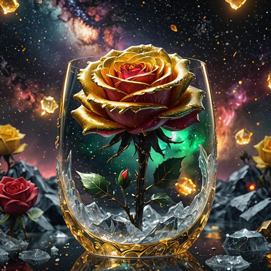 a gold glass transparent ice rose on a galaxy storm sky, yellow, red, green, black, lile, wather, stars