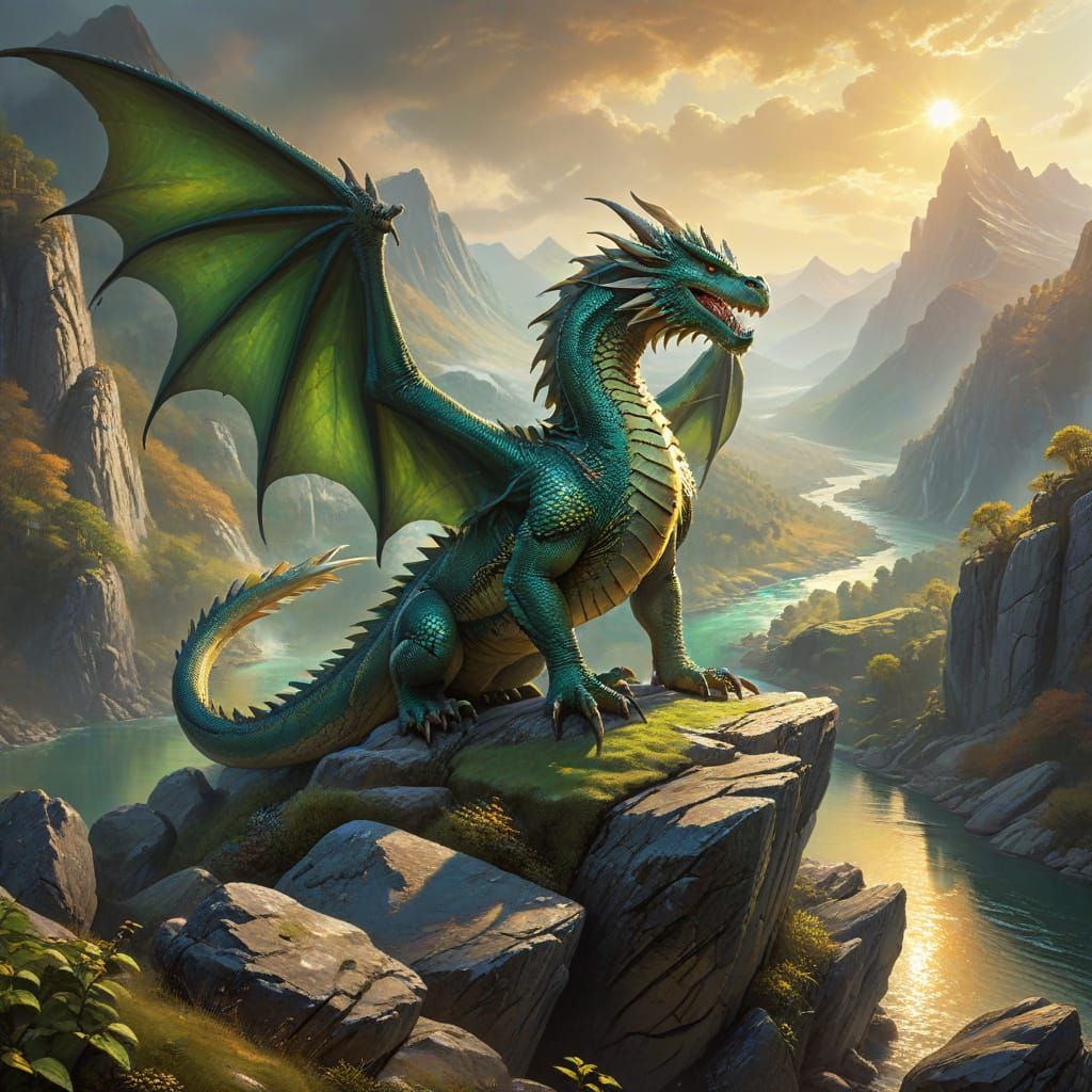 Green Dragon Overlooking River Valley as Oil Painting