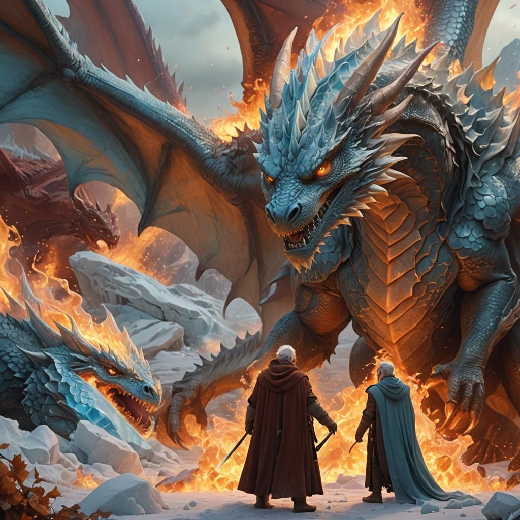 Old Man Protecting Ice Dragon in Firestorm