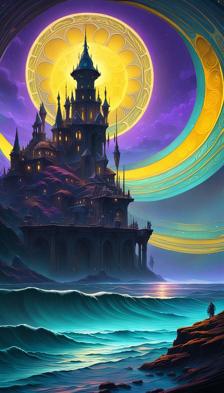 Iridescent Sea on Alien Moon, Dark Fantasy Art