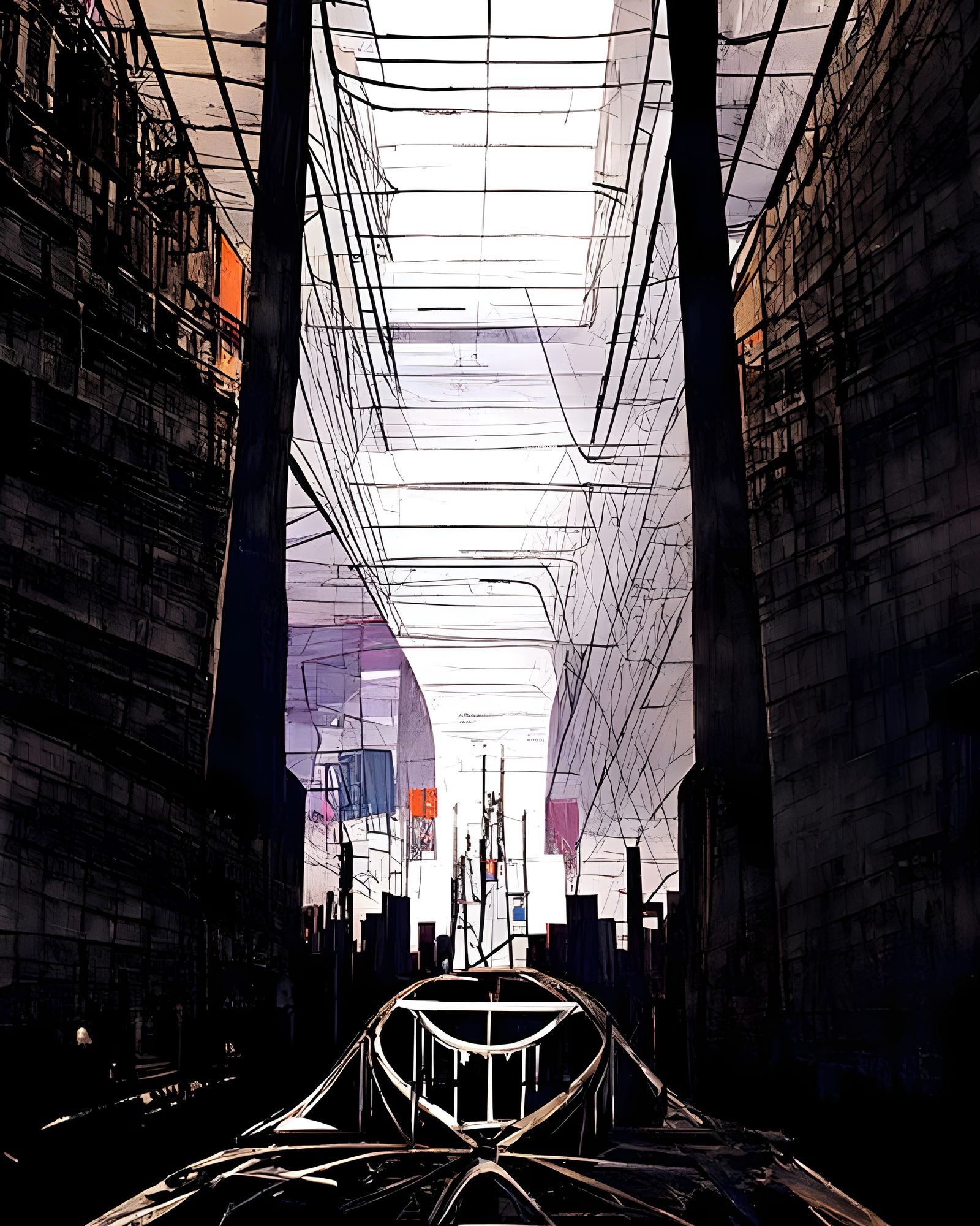 Dystopian Brutalist Bridge in Film Noir Style