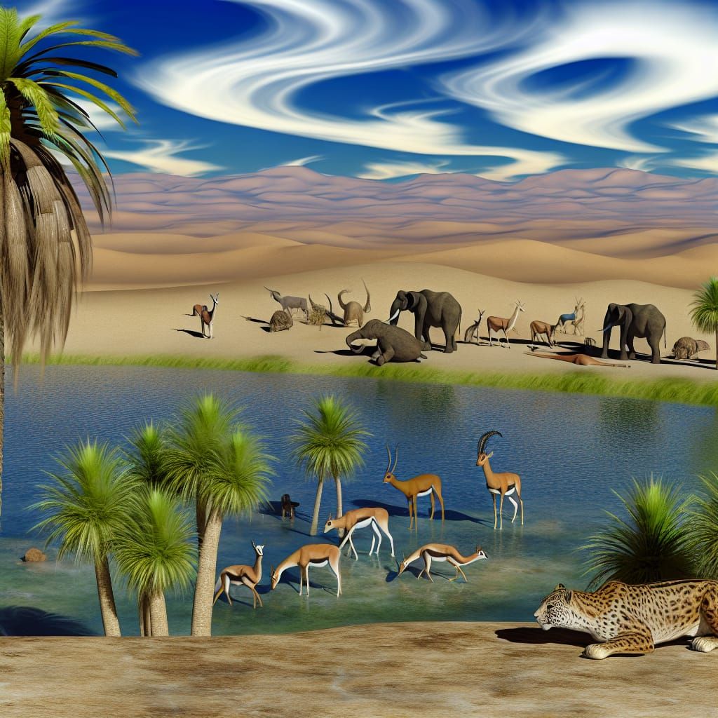 Desert Oasis with Animals and Predatory Leopard