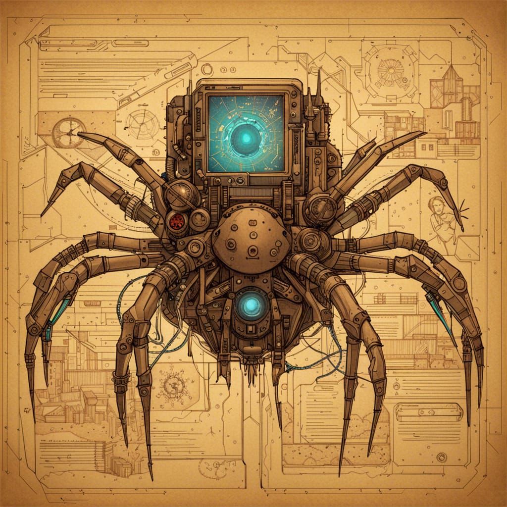 Cyberpunk Robotic Spider Blueprint on Old Paper