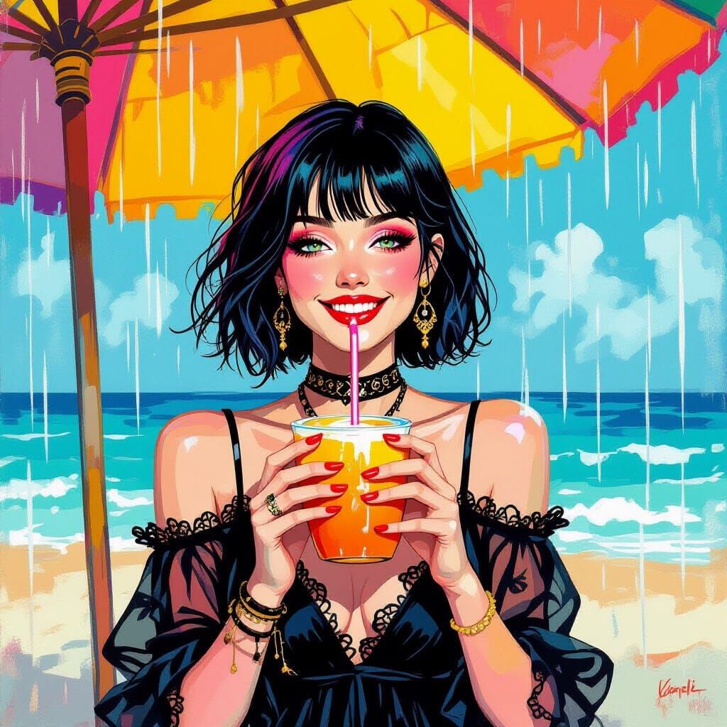 Goth Woman Sipping Drink on Rainy Beach as Watercolor Painti...