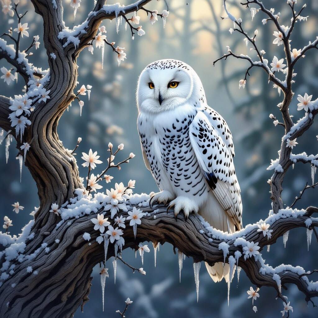 Majestic Snowy Owl on Frosty Branch in Soft Light