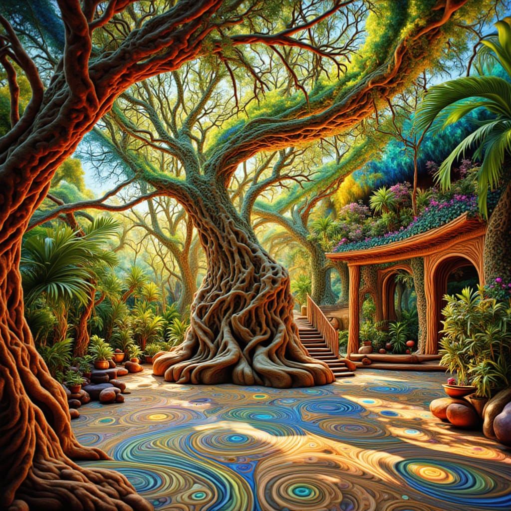 Tropical Treehouse Art Installation in Sunlight