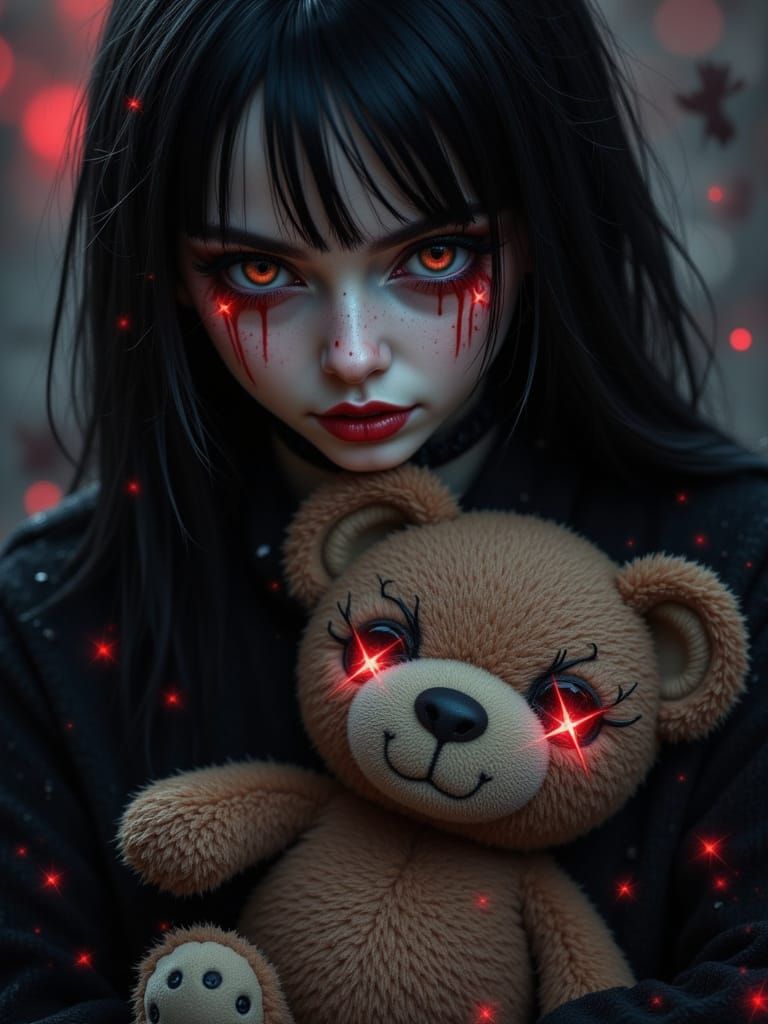 Goth Woman with Teddy Bear in Realism Style
