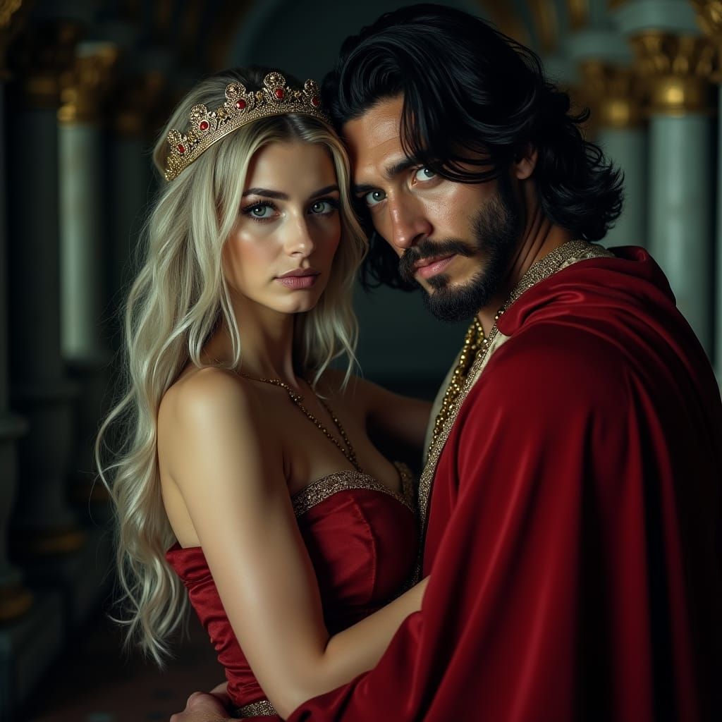 Queen in Crimson Cape: A Romantic Film Still