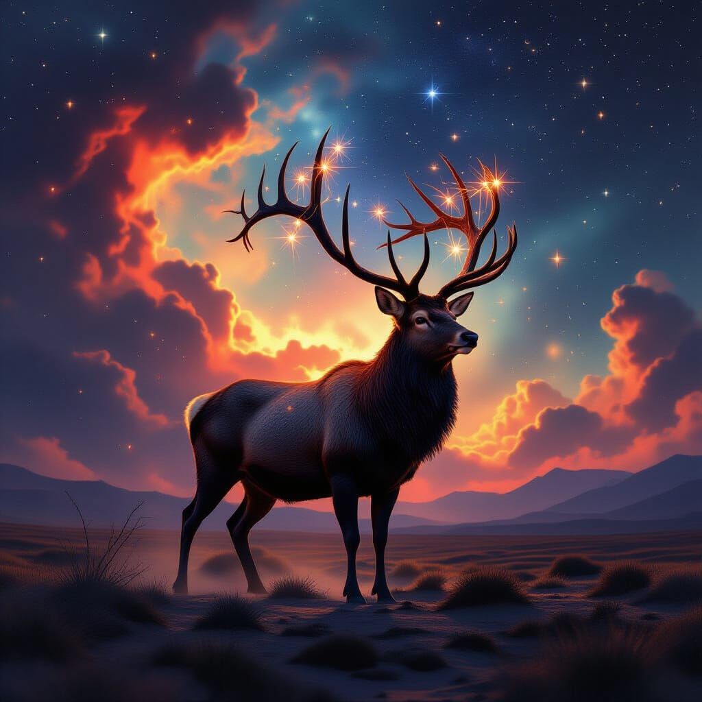 Constellation Stag Silhouette Against Swirling Nebula