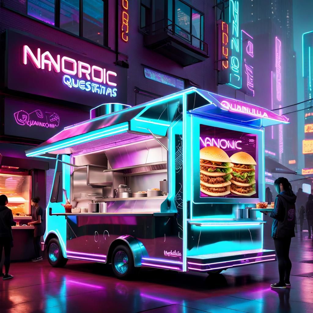 Futuristic Neon Food Truck in Cyberpunk Cityscape