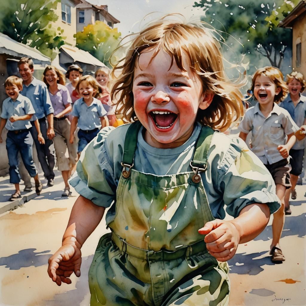Laughing Child Watercolor Inspired by Oil Painting
