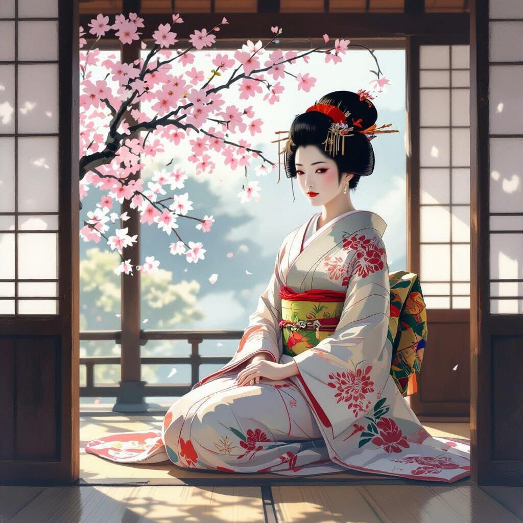 Serene Geisha in Teahouse: Utamaro and Hiroshige Style