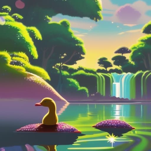 Cute Ducks at Crystalline Waterfall: Ghibli Anime Style