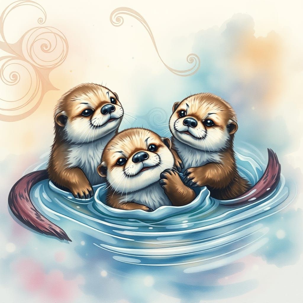 Whimsical Sea Otter Pups in Dreamy Watercolor Wonderland