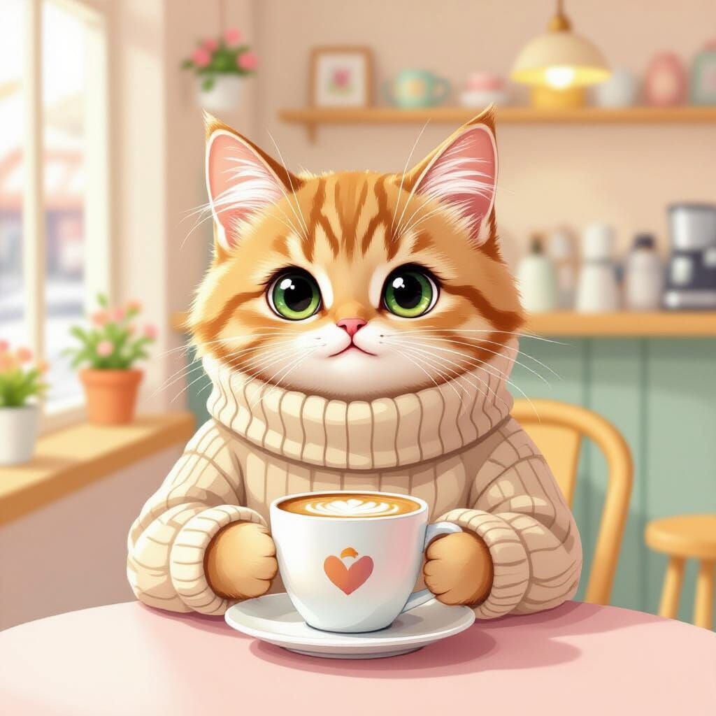Fluffy Cat Sipping Latte in Pastel Cafe, Kawaii Illustration
