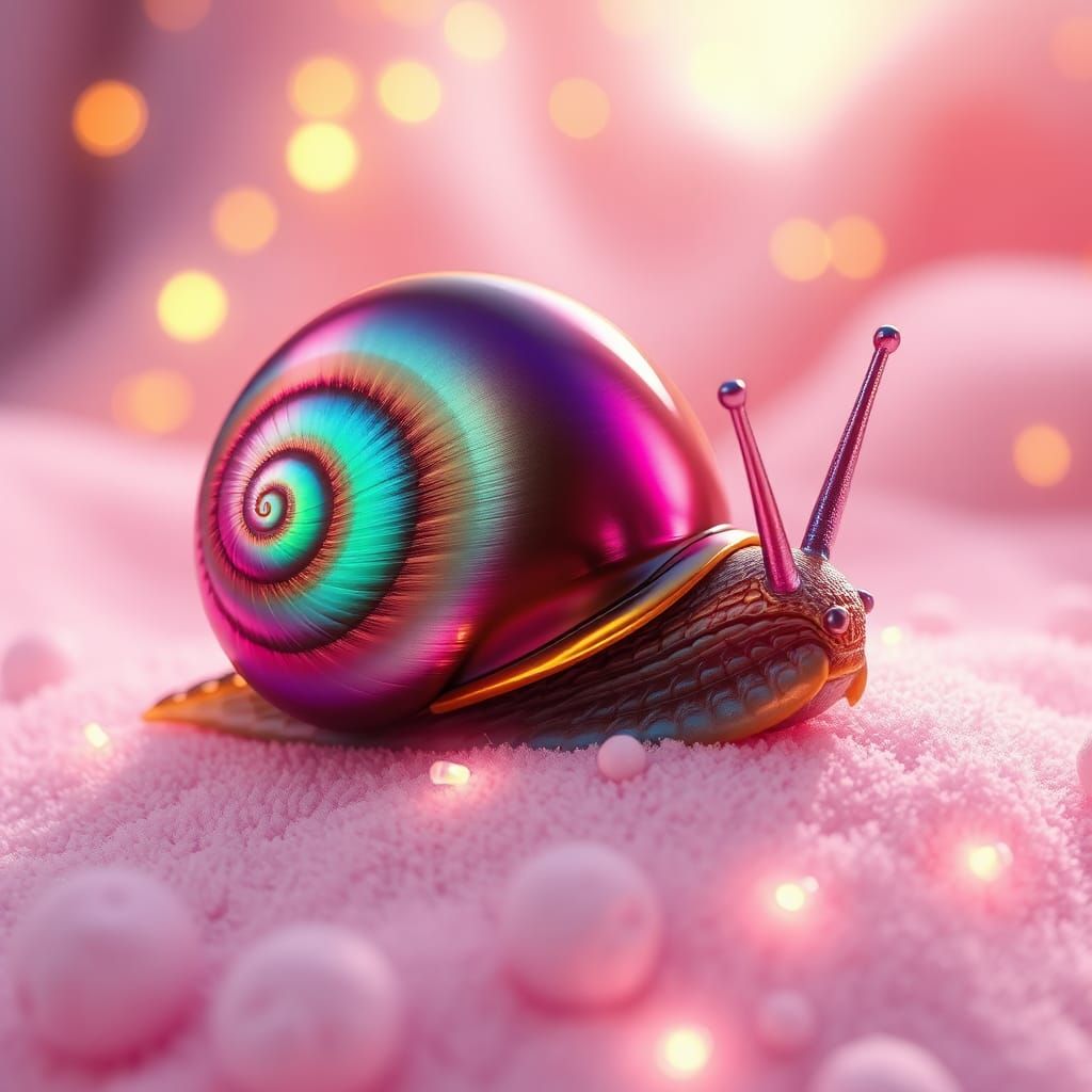 Iridescent Snail on Marshmallow Terrain with Christmas Light...