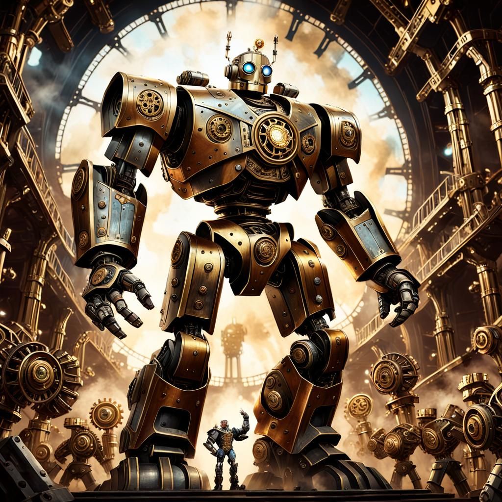 Steampunk Robo Boxer Victory in Crowded Arena