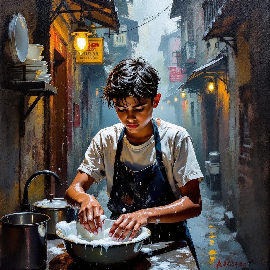 Boy Washing Dishes with Determination in Gritty Cityscape