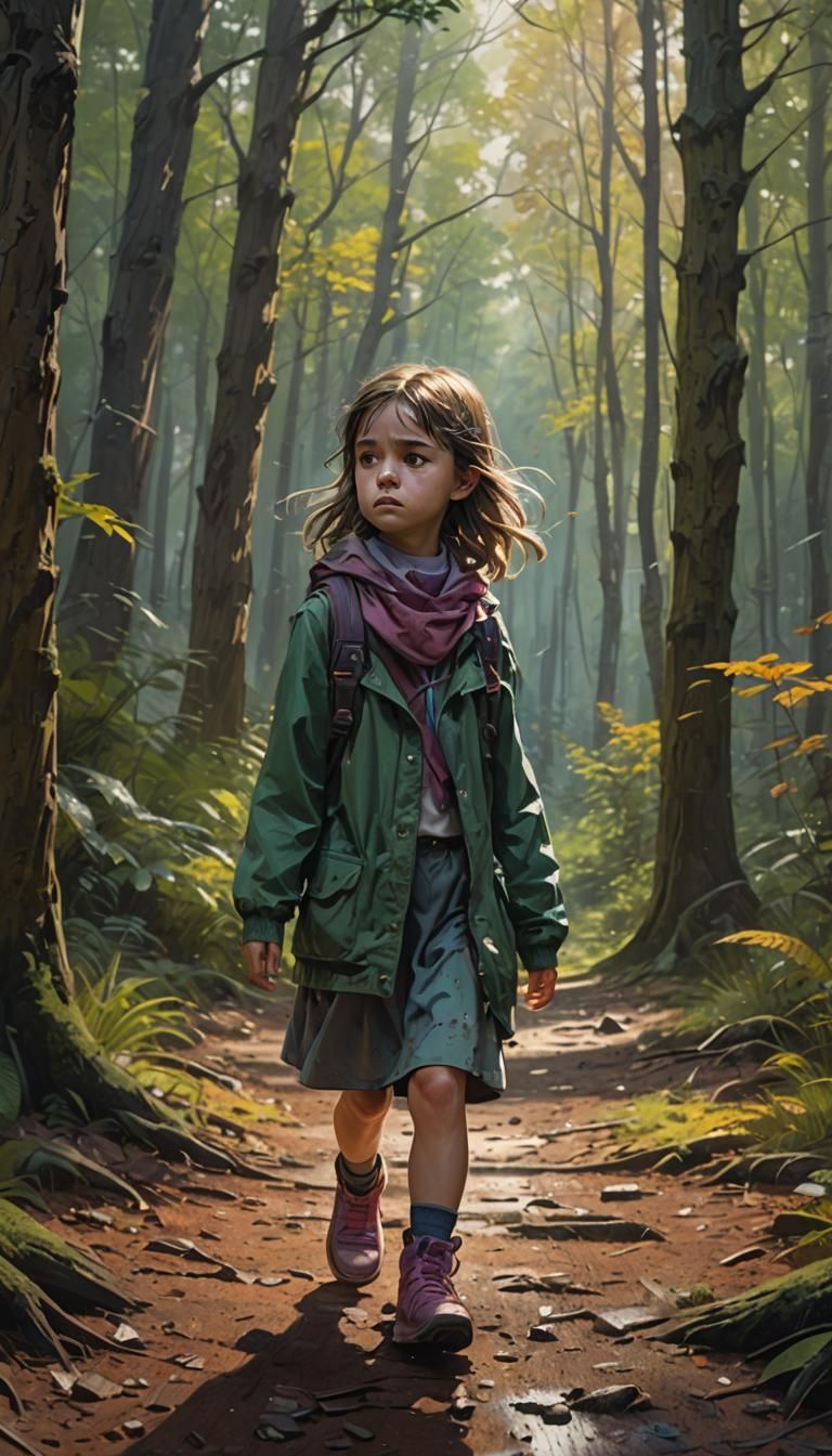 Sad Girl Walking in Forest: Hyperrealistic Concept Art