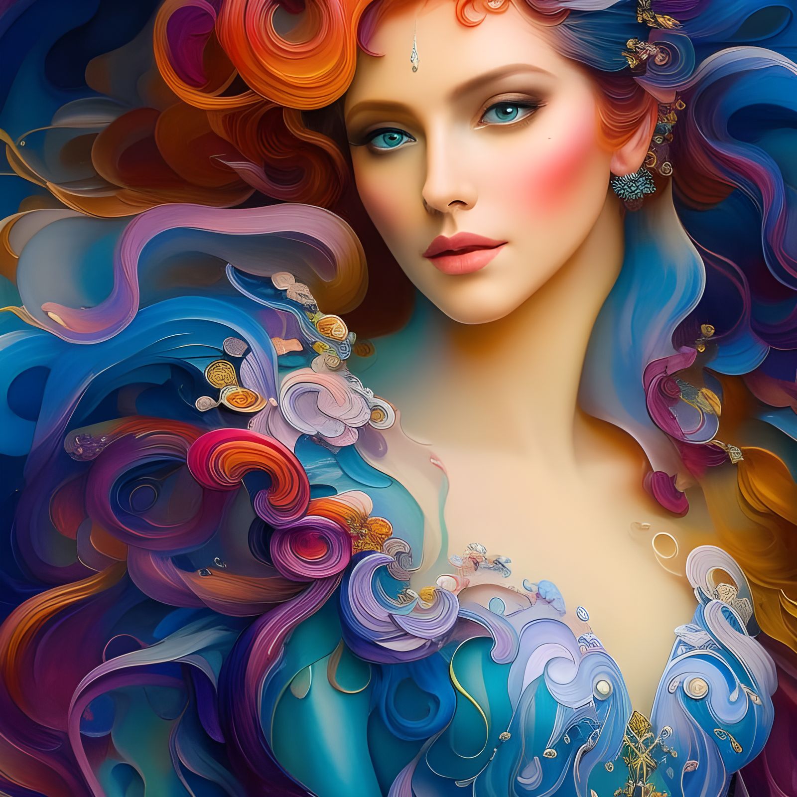 Ethereal Woman in Gossamer Gown, Digital Gouache Art