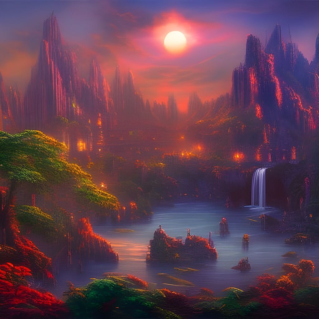 Lush Jungle Steampunk City at Sunset