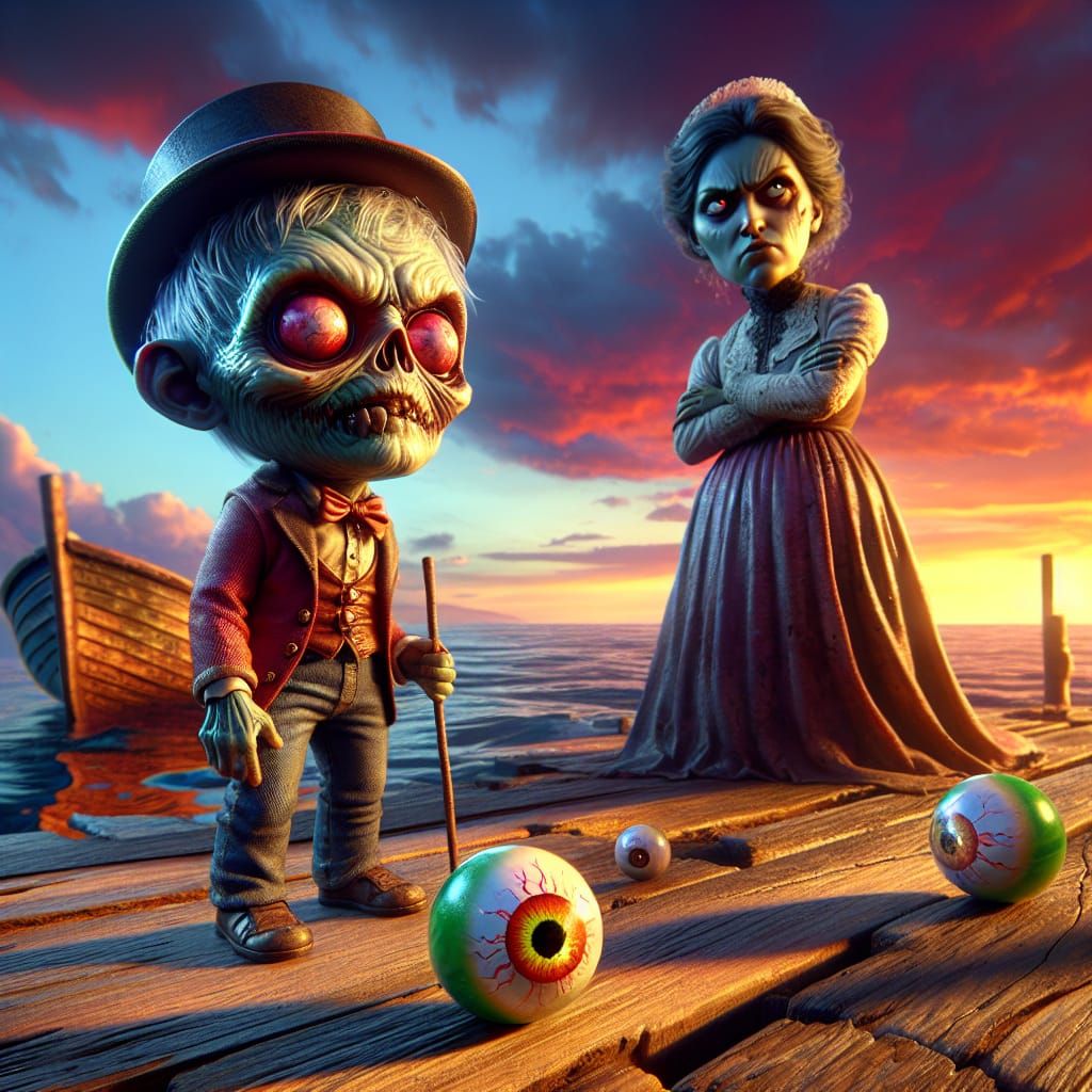 Eerie Zombies on a Pier at Sunset