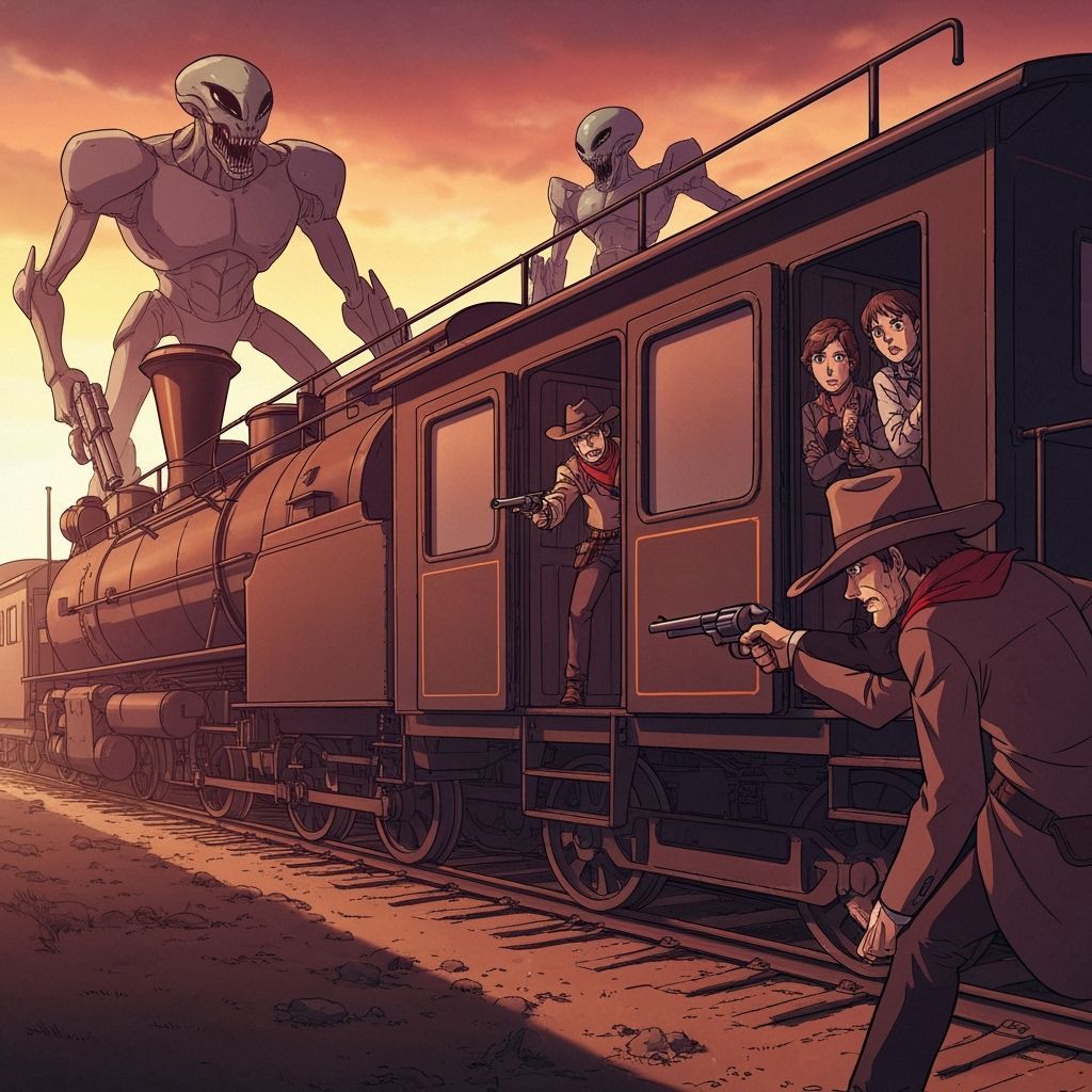Wild West Train Robbery Meets Alien Invasion in Anime Style