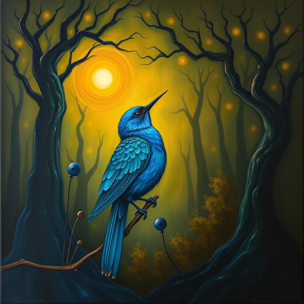 Blue Bird Song in Surrealist Forest Scene