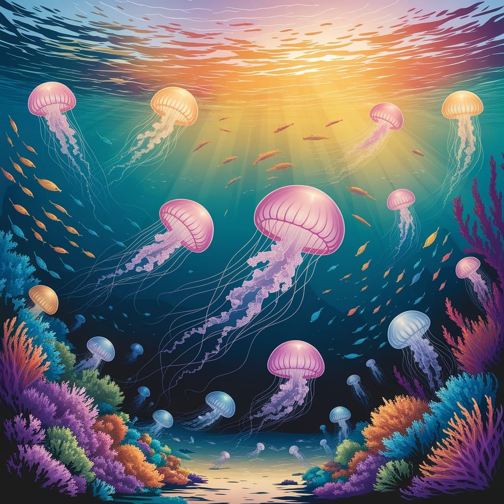 Tropical Waters Immortal Jellyfish in Vibrant Watercolour