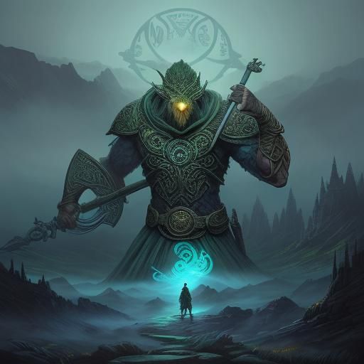 Powerful Druid on Misty Peak: Celtic Comic Art