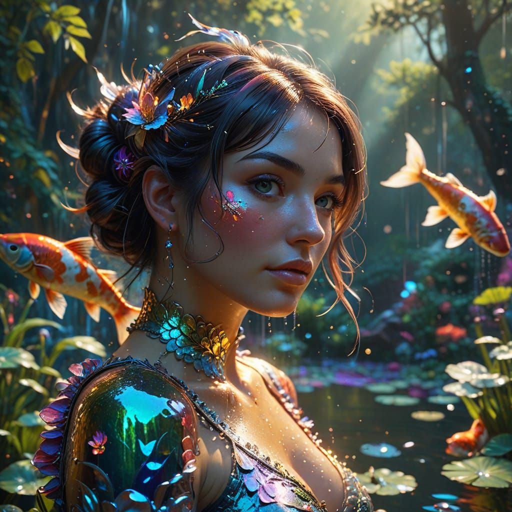 Rainbow Koi Pond in Shimmering Forest Glade