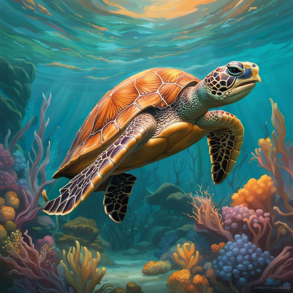 Cute Baby Turtle in Coral Reef, Detailed Portrait