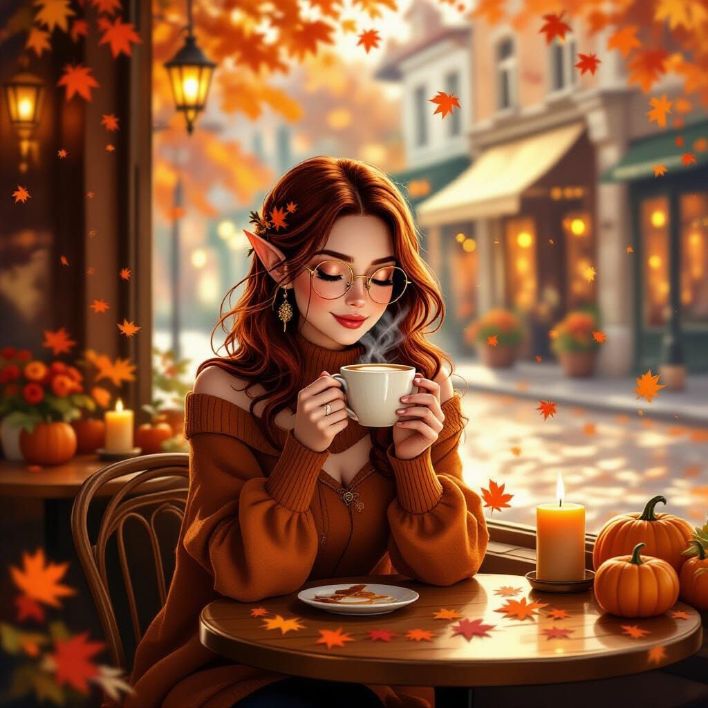 Cozy Autumn Cafe with Elf Woman and Pumpkin Spice Latte