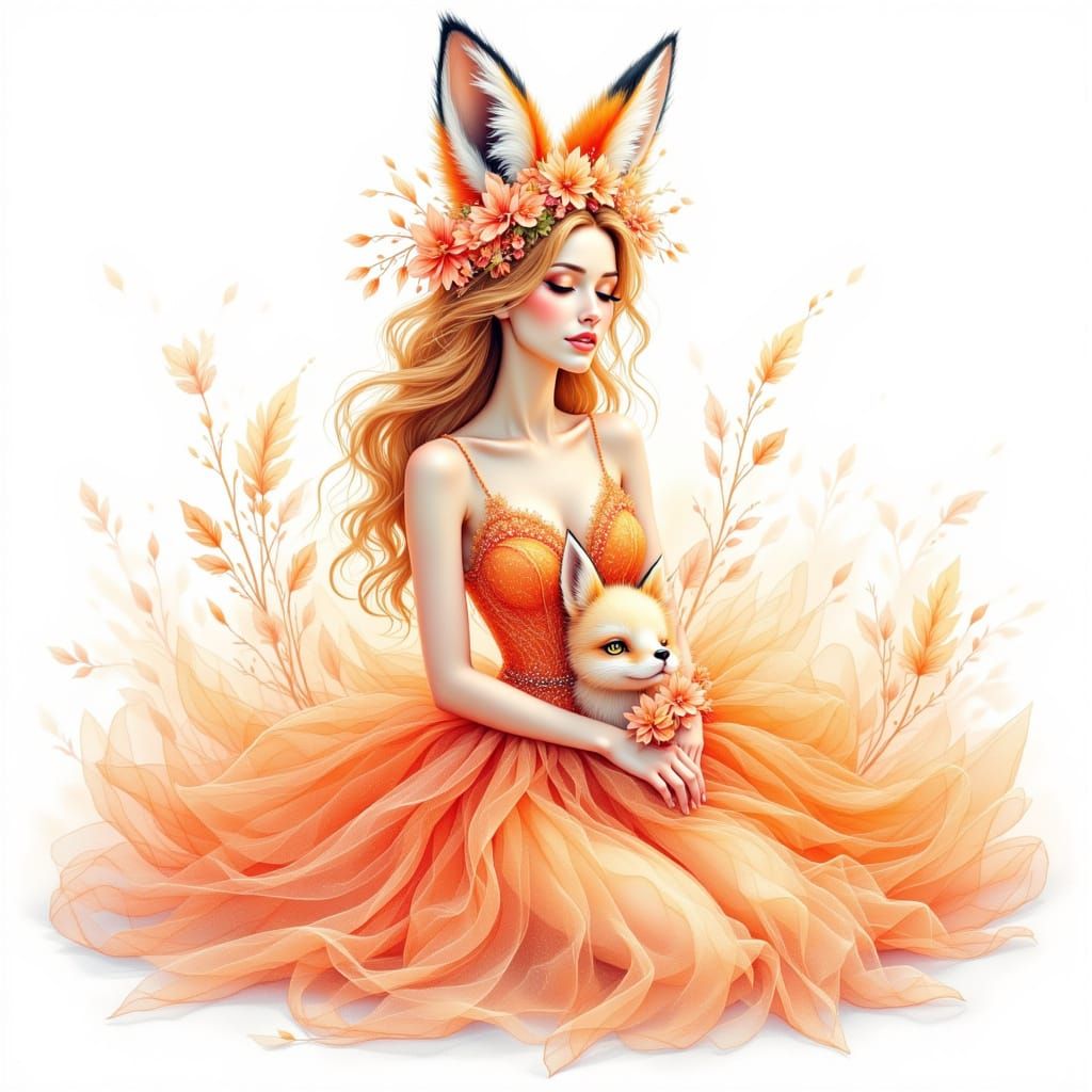Stunning Dryad Woman with Fox Cub in Floral Crown
