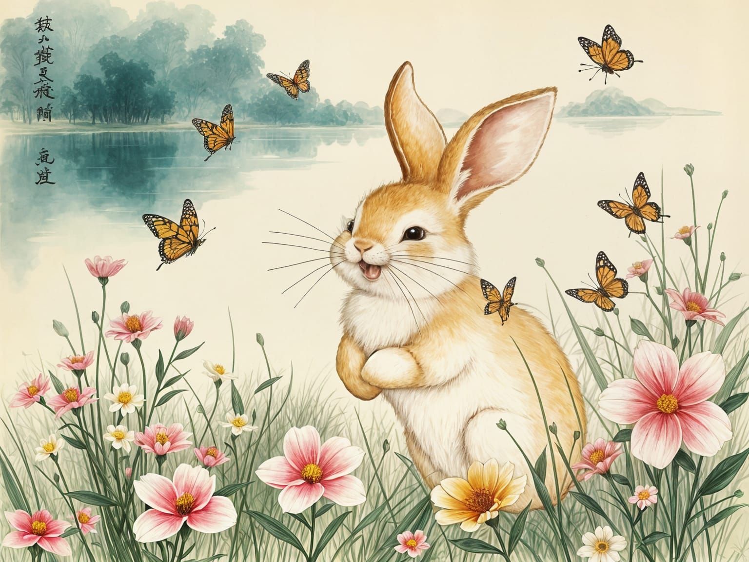 Laughing Bunny in Chinese Ink Painting