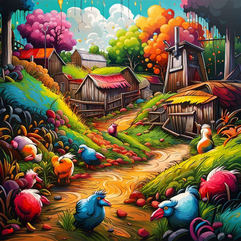 Detailed Barnyard Landscape in Graffiti Art Style