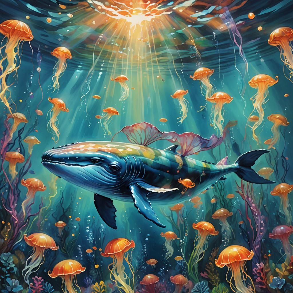 Glowing Glass Whale in Impressionist Gouache Style