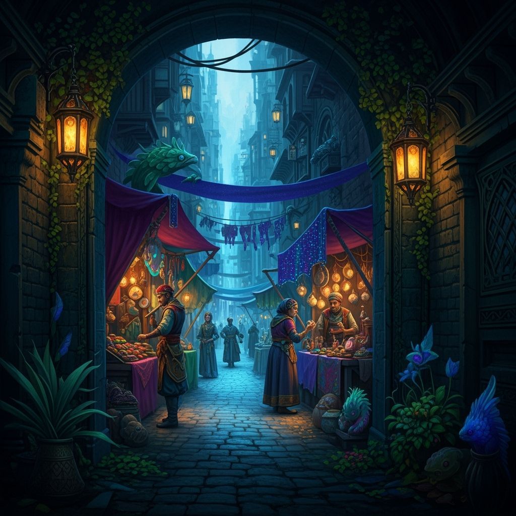 Mystical City Marketplace Through Hidden Doorway