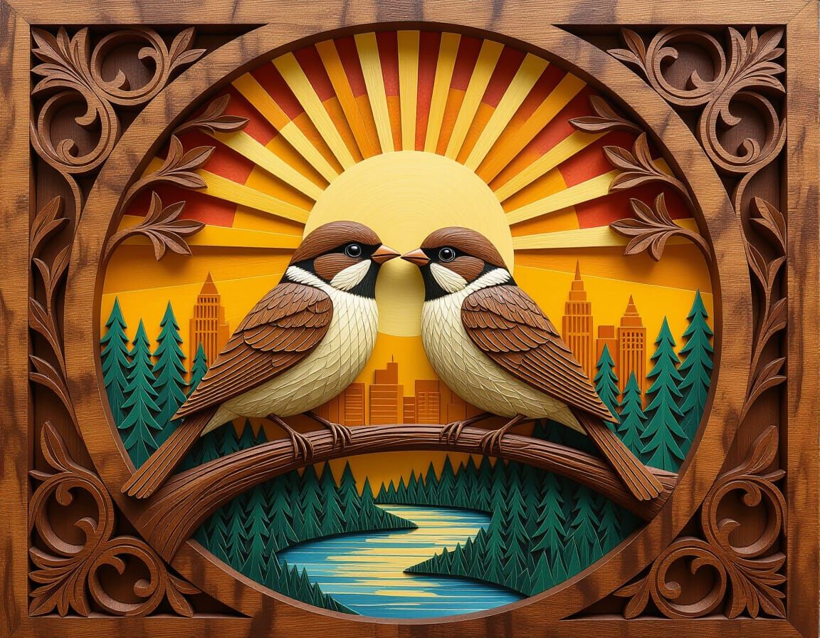 Detailed Wooden Carving of Birds at Sunset