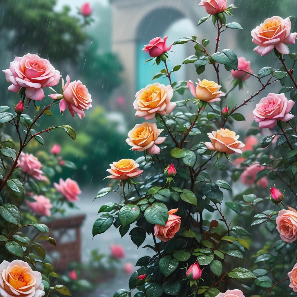 Hyperrealistic Rose Garden in Misty Rain