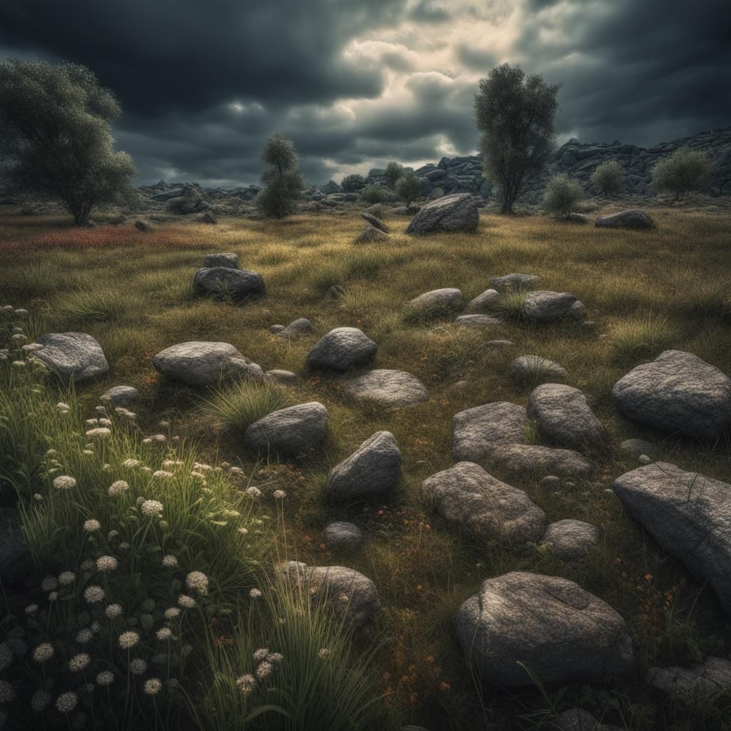 Stoned Meadow of Doom in Hyperrealistic Style