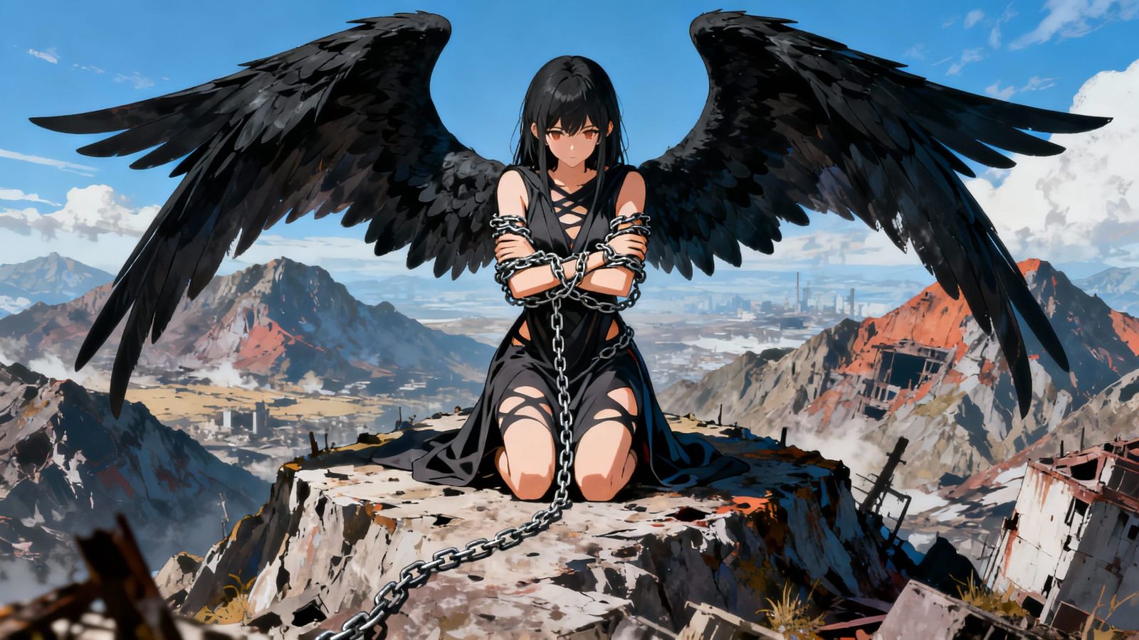 Fallen Angel Kneeling on Mountain Peak in Anime Style