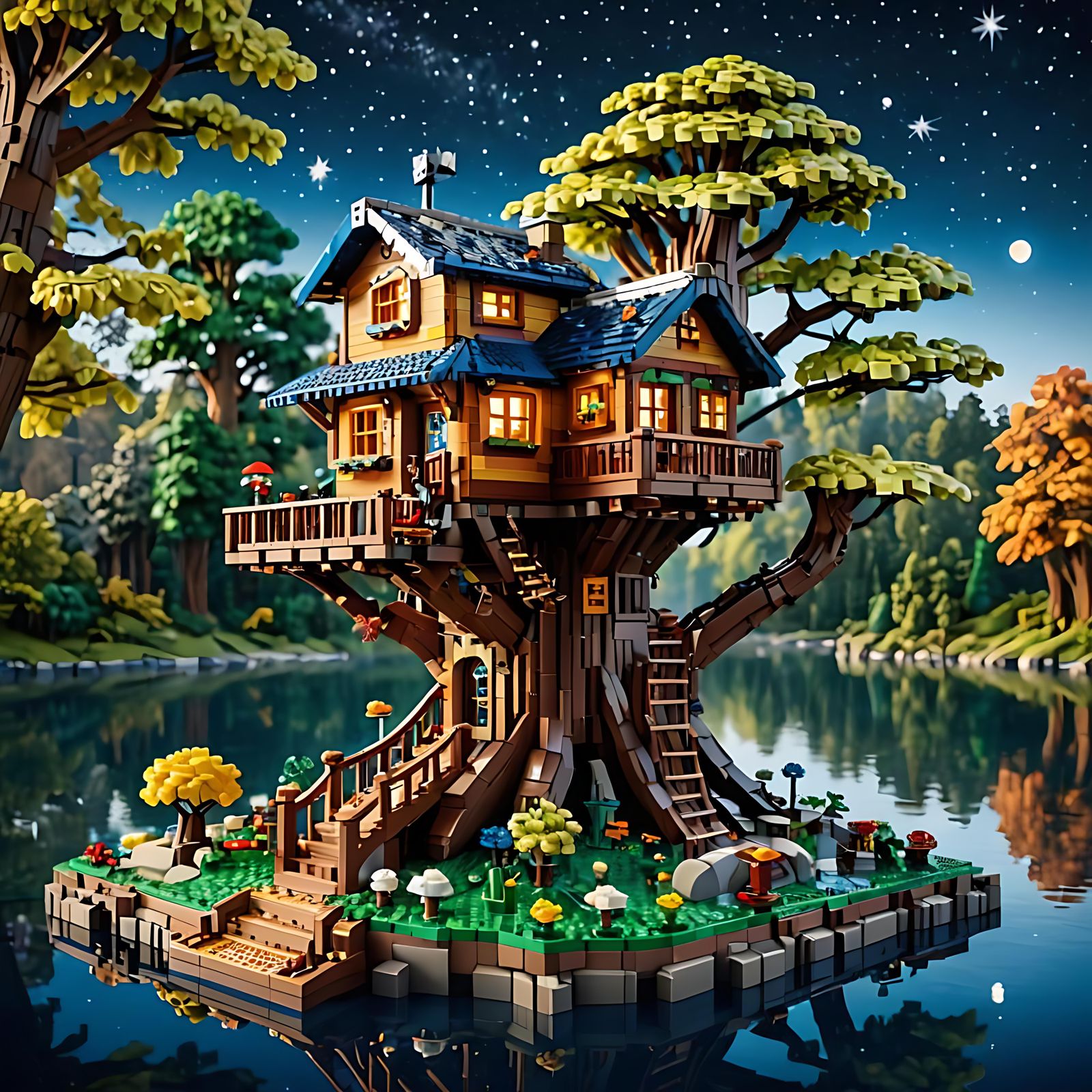 Lego Treehouse on a Lake at Night