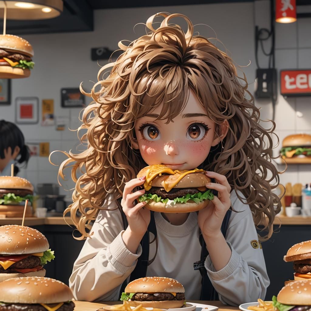 Girl Eating Burger in 3D Anime Art Style