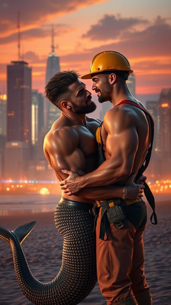 Merman and Construction Worker Embrace on Beach