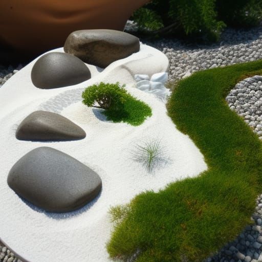 Zen Garden with River and Bonsai Trees