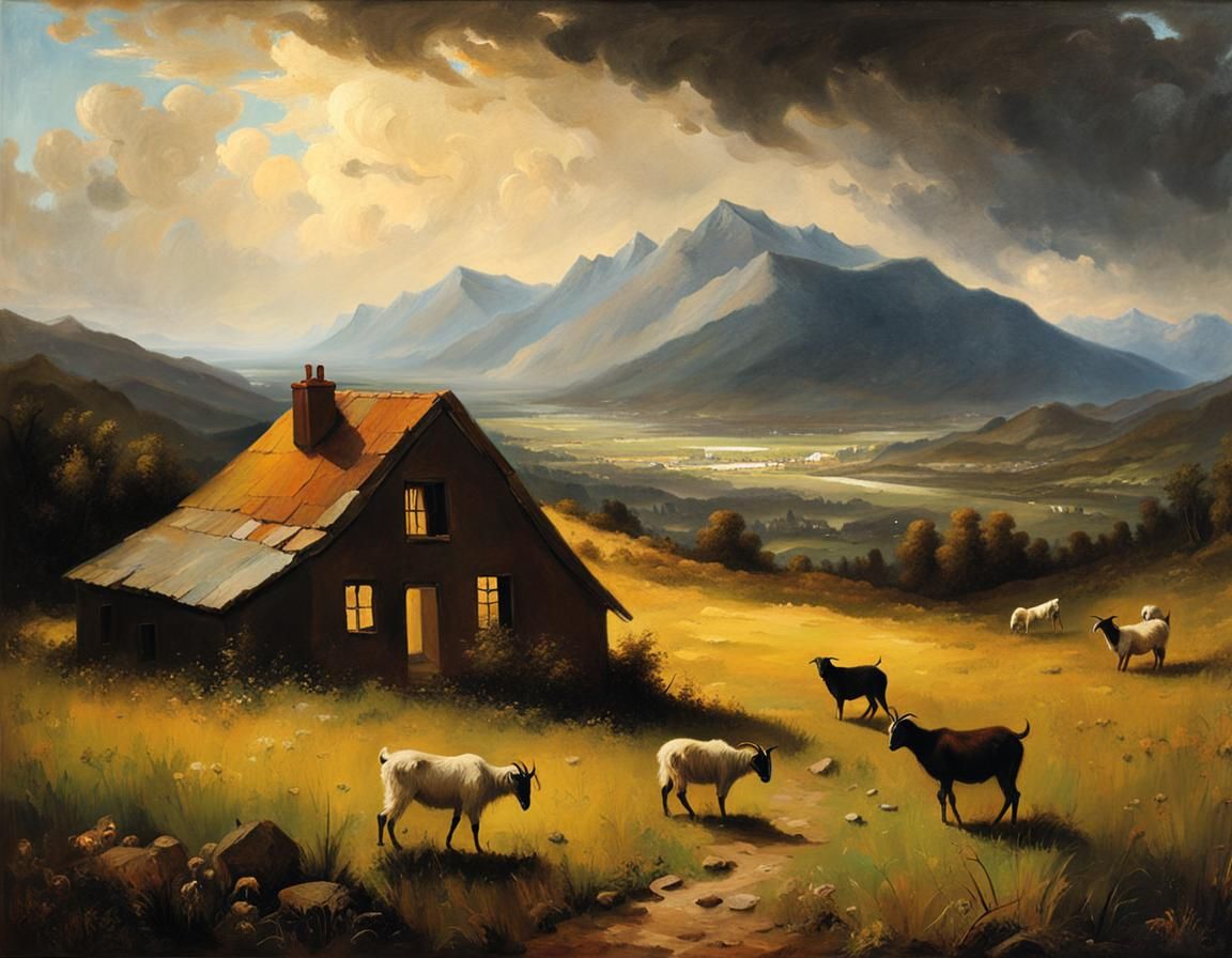 Meadow House with Goats, Odd Nerdrum Style