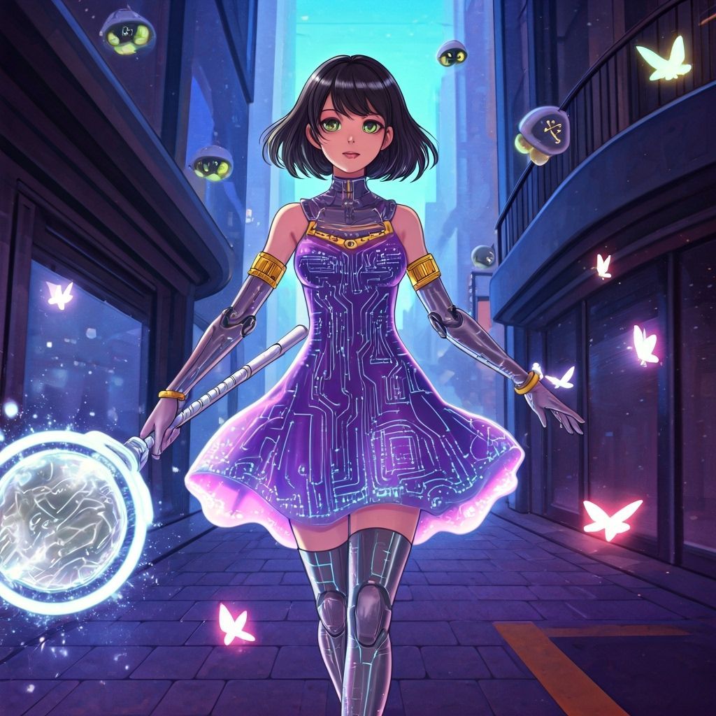 Teen Cybernetic Girl in Futuristic City, Anime Style