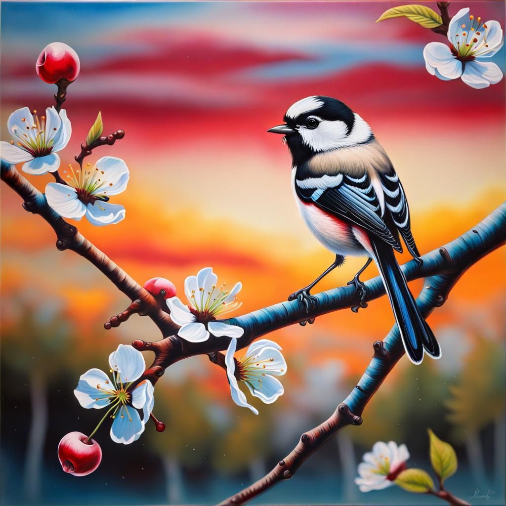 Long-Tailed Tit on Cherry Branch: Acrylic Painting